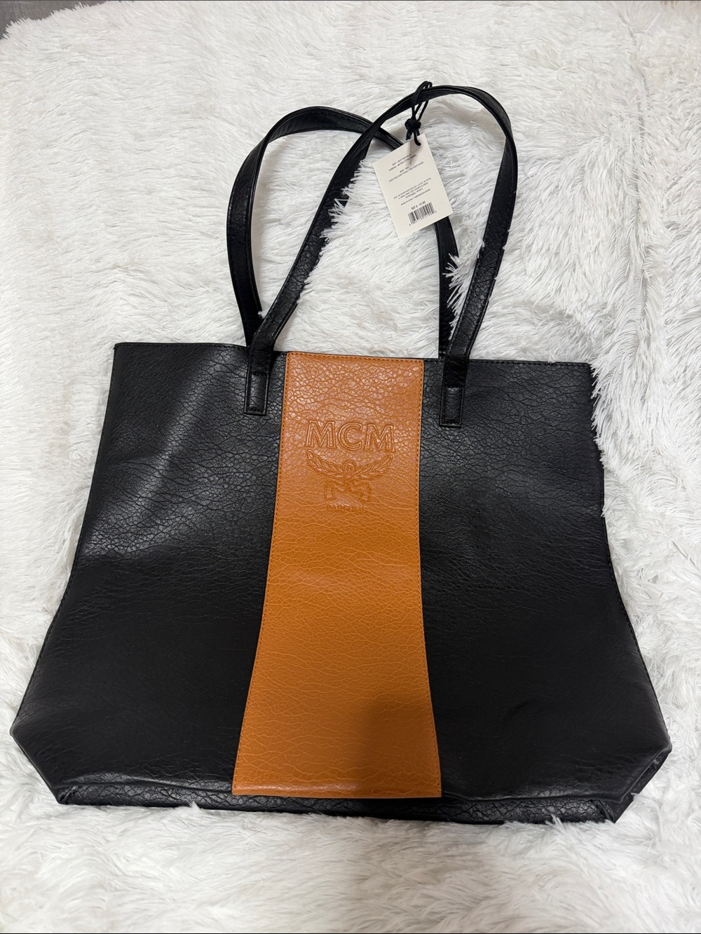 MCM Black Leather Tote with Tan Center Stripe